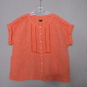 Talbots Top XL Orange 100% Linen Pintuck Coastal Short Sleeve Lagenlook Boxy